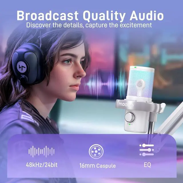 Alt view image 4 of 5 - MAONO Wireless Gaming Microphone, Noise Cancellation USB Computer PC mic with Software, AI Change Voice, Custom RGB Lights, Mute, Gain, Monitor for Recording Streaming Podcast DM40 Pro White