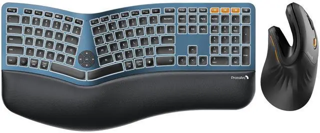 Main image of ProtoArc EK01 Plus Backlit Full Size Wireless Ergonomic Keyboard Blue and EM11 NL Bluetooth Vertical Mouse Black