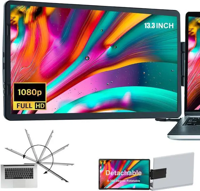 Main image of Laptop Screen Extender - 360° Rotatable Portable Monitor | 13.3" Foldable Laptop Monitor Extender with USB-C & Mini HDMI, Plug and Play for Mac, PC, and Android