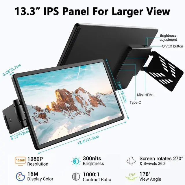 Alt view image 2 of 5 - Laptop Screen Extender - 360° Rotatable Portable Monitor | 13.3" Foldable Laptop Monitor Extender with USB-C & Mini HDMI, Plug and Play for Mac, PC, and Android
