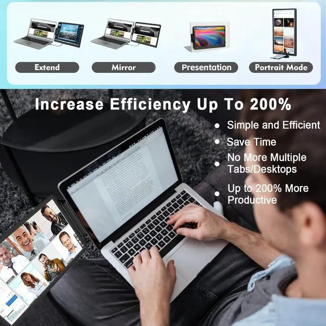 Alt view image 4 of 5 - Laptop Screen Extender - 360° Rotatable Portable Monitor | 13.3" Foldable Laptop Monitor Extender with USB-C & Mini HDMI, Plug and Play for Mac, PC, and Android