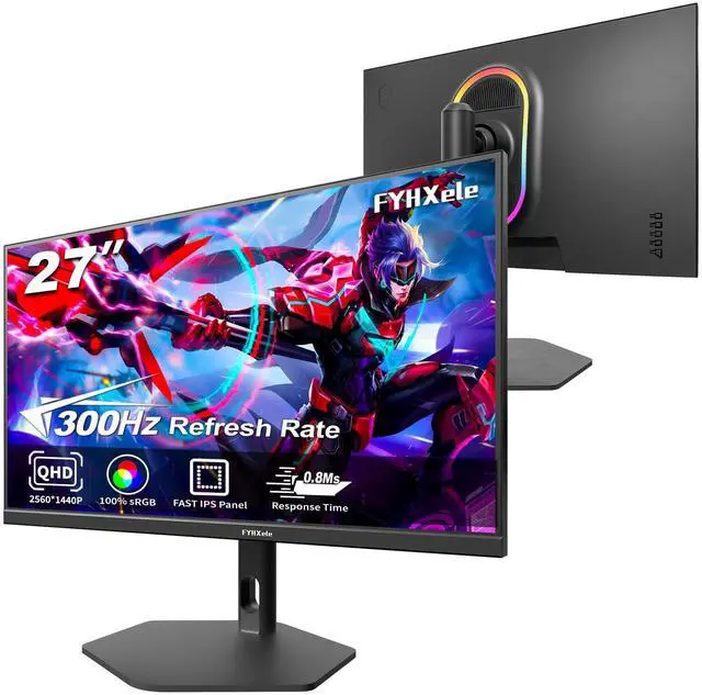 Main image of FYHXele 27 inch Gaming Monitor 300Hz, QHD 1440P, 0.8ms Frameless, Ultra Slim Computer Monitor, Height/Pivot/Swivel/Tilt Adjustable Vertical Monitor, Support FreeSync, VESA, DP*2, HDMI*2