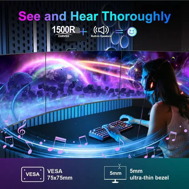 Alt view image 4 of 5 - SANSUI Curved Monitor 24 inch 100Hz USB Type-C Computer Monitor with Built-in Speakers- MPRT 1ms,Adaptive Sync,HDR,1500R,VESA 75x75mm Compatible, for Home and Office(HDMI Cable Include ES-24C1)