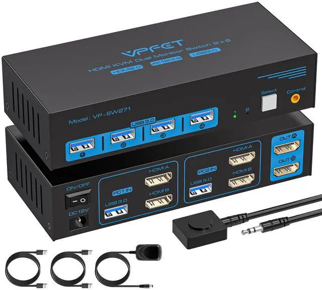 Main image of 4K120Hz HDMI KVM Switch 2 Monitors 2 Computers 8K USB 3.0 KVM Switches for 2 Computers Share Dual Monitor and 4 USB Devices Support Extended/Copy Mode with DC 12V/1A&Wired Controller