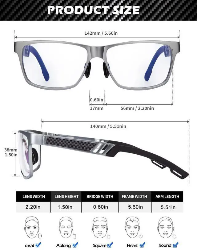 Alt view image 3 of 5 - ANYLUV Al-Mg Metal Blue Light Glasses + Carbon Fiber Temple Glasses