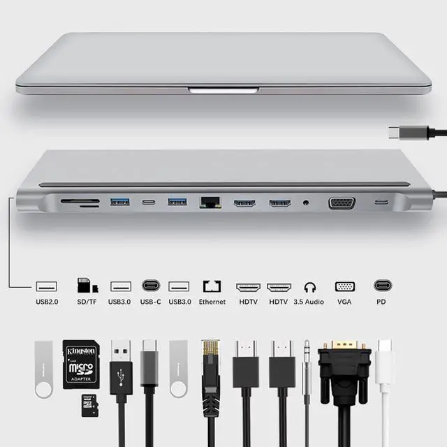 Main image of USB C Hub Multiport Adapter 12 in 1 - Dual 4K HDMI/VGA, USB Ports, 3.5mm Audio, PD 100W, SD/TF, Ethernet - Laptop Docking Station for MacBook/Dell XPS/More Type-C Devices