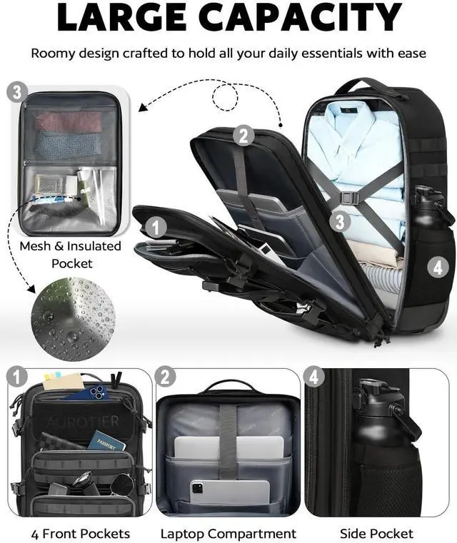 Alt view image 2 of 5 - AUROTIER Rolling Tactical Laptop Backpack, 17 Inch Wheeled Military Computer Backpack for Men and Women, Roller Carry on Luggage for Work Travel, Overnight Molle Outdoor Hiking Bag with Wheels, Black