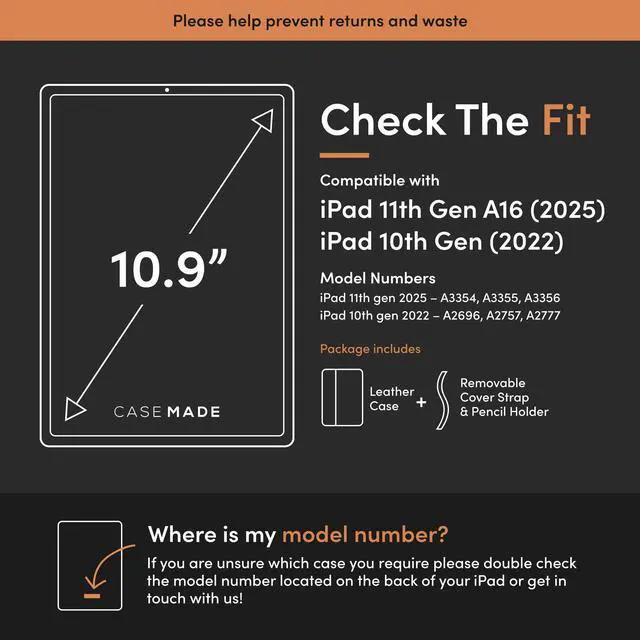 Alt view image 2 of 5 - Casemade Real Leather Case Compatible with iPad 11th Gen 2025 / 10th Gen (2022) - Full-Grain Leather Cover, Auto Sleep/Wake, Dual Stand Position (Black)
