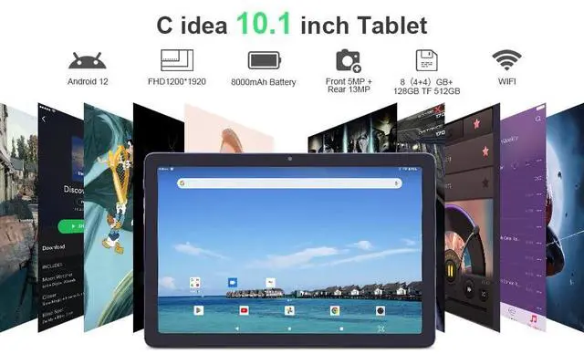 Alt view image 2 of 5 - C idea 10.1 inches Tablet,Android 12.0 Tablet 8GB RAM 128GB ROM (1TB TF),1920 * 1200 Full HD Screen,8 Core Unisoc T606 CPU,2.4G/5G WiFi,8MP+13MP Camera,6000mAh Long Battery,Face Unlocked(Gray)