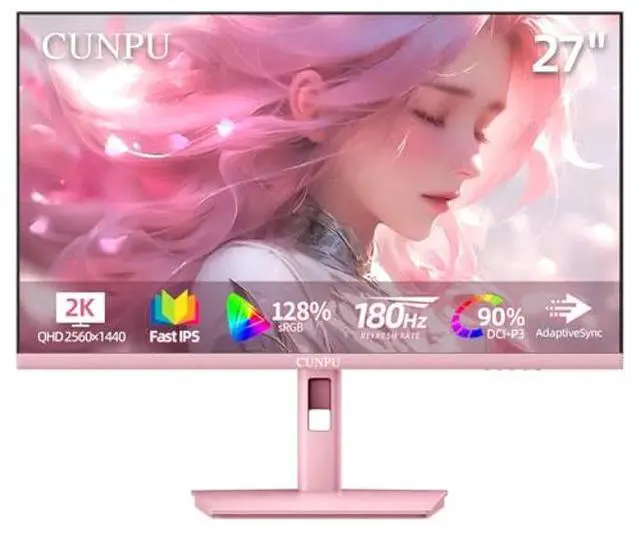 Main image of CUNPU 27 Inch Pastel Pink Gaming Monitor QHD 2560x1440 180Hz 1ms GTG Fast IPS Computer Monitor, 90% DCI-P3, Adaptive Sync, Built in Speaker, Height/Swivel/Tilt/Pivot Adjustable Stand, HDMI,DP