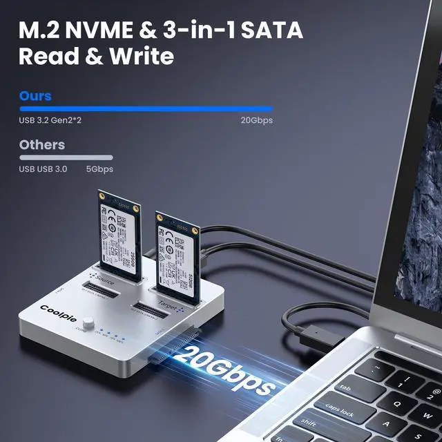 Alt view image 3 of 5 - Coolpie 3-in-1 SSD Cloner, USB3.2 Gen2x2 20Gbps M.2 Reader, Offline Clone M.2 NVMe/SATA, mSATA, SATA 2.5''/3.5'' HDD/SSD Cloner