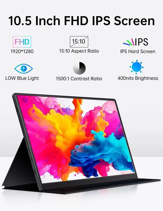 Alt view image 2 of 5 - DAMRAPT Small Portable Monitor 10.5" 1920x1280 FHD 400Nits Eye Care Mini Travel Monitor w/Smart Cover & Speaker, HDR Portable Gaming Display, USB C HDMI External Screen for Laptop Switch, PS5/4