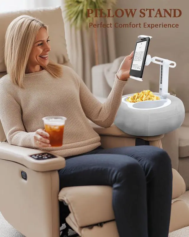 Alt view image 2 of 5 - DNIWS Adjustable Tablet Pillow Stand with 360deg Rotating Holder, Detachable Snack Tray & Storage Pockets, Soft Washable Velvet for 5-12.9 Inch Devices