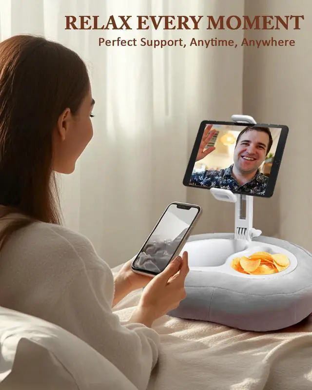 Alt view image 3 of 5 - DNIWS Adjustable Tablet Pillow Stand with 360deg Rotating Holder, Detachable Snack Tray & Storage Pockets, Soft Washable Velvet for 5-12.9 Inch Devices