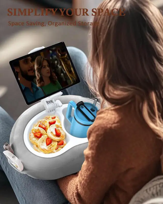 Alt view image 4 of 5 - DNIWS Adjustable Tablet Pillow Stand with 360deg Rotating Holder, Detachable Snack Tray & Storage Pockets, Soft Washable Velvet for 5-12.9 Inch Devices