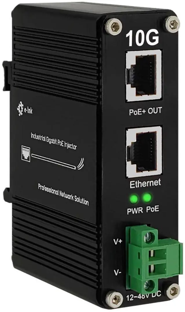 Main image of Elenzk 10G PoE Injector - Industrial 10 Gigabit IEEE802.3at 30W Hardened POE Adapter with 12-48V DC Input DIN- Rail, IP40 Aluminum Case, for 10G Wireless Router/AP/Wi-Fi Range Extender