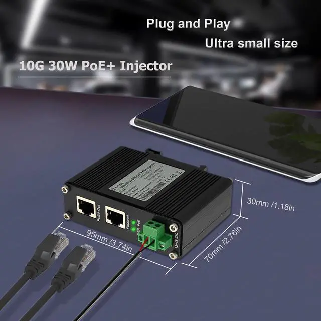 Alt view image 4 of 5 - Elenzk 10G PoE Injector - Industrial 10 Gigabit IEEE802.3at 30W Hardened POE Adapter with 12-48V DC Input DIN- Rail, IP40 Aluminum Case, for 10G Wireless Router/AP/Wi-Fi Range Extender