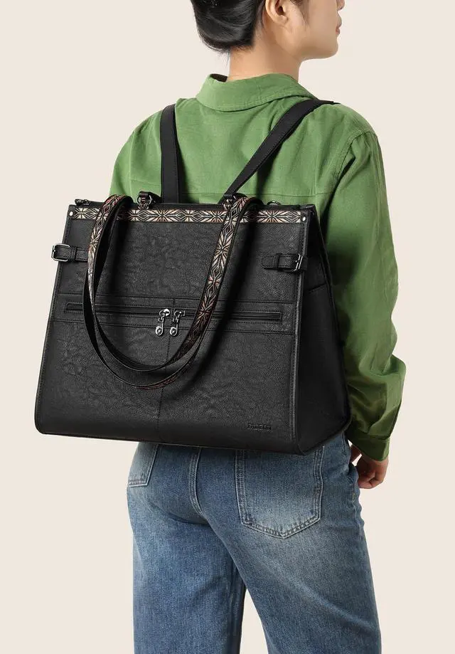 Alt view image 3 of 5 - FADEON Laptop Bag for Women Designer PU Leather Large Tote Bags Packpack Purses with 15.6 Laptop Compartment Travel Shoulder Handbag Black