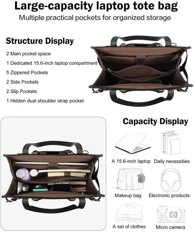 Alt view image 5 of 5 - FADEON Laptop Bag for Women Designer PU Leather Large Tote Bags Packpack Purses with 15.6 Laptop Compartment Travel Shoulder Handbag Black