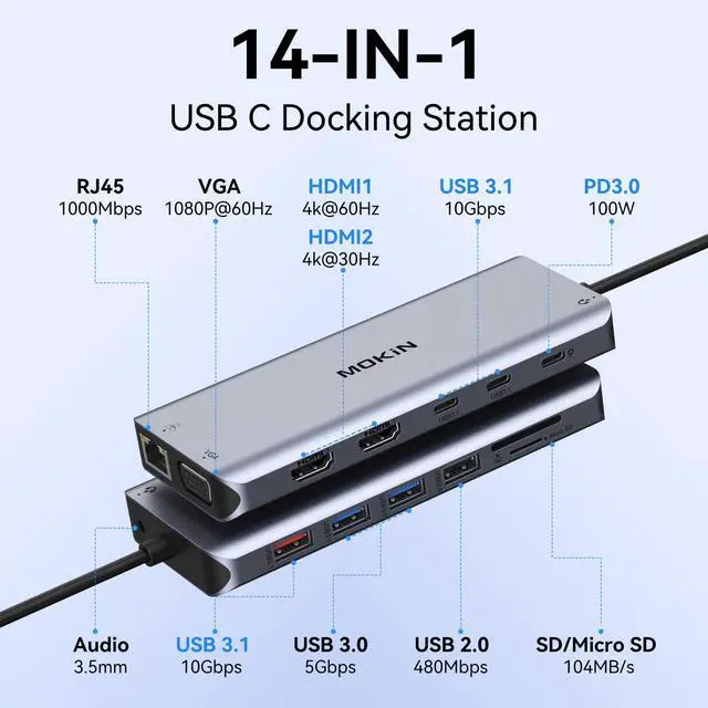Alt view image 2 of 5 - USB C Laptop Docking Station Dual Monitor, 14 in 1 Docking Station 3 Monitors Multiport Adapter with 2 HDMI 4K, VGA, RJ45 Ethernet, 10 Gbps USB C/A, 100W PD, SD/TF, 3.5MM Audio&Mic for Dell HP Lenovo