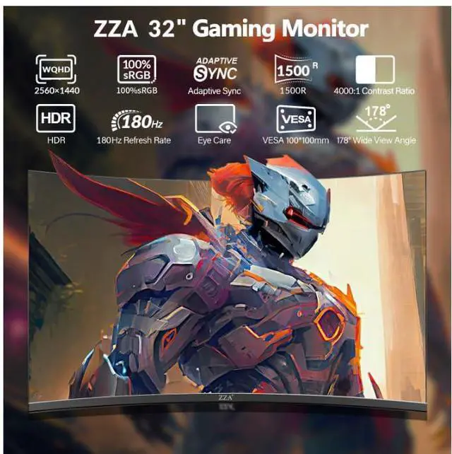 Alt view image 2 of 5 - ZZA 32-Inch QHD Curved Gaming Monitor - 2K Resolution, 165Hz/180Hz Refresh Rate, 1ms Response Time, FreeSync & G-Sync, HDR10, 122% sRGB Coverage, DP/HDMI, VESA Mount Compatible