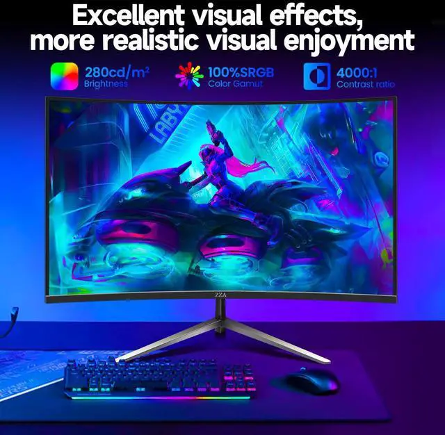 Alt view image 4 of 5 - ZZA 32-Inch QHD Curved Gaming Monitor - 2K Resolution, 165Hz/180Hz Refresh Rate, 1ms Response Time, FreeSync & G-Sync, HDR10, 122% sRGB Coverage, DP/HDMI, VESA Mount Compatible