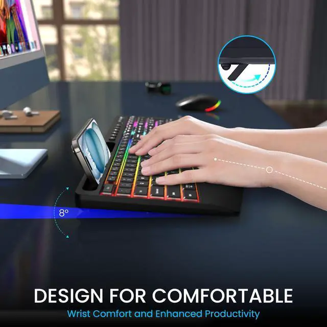 Alt view image 4 of 5 - Ergonomic Wireless Keyboard and Mouse Combo Full-Sized Silent Design with Phone Holder for Windows PC Laptop