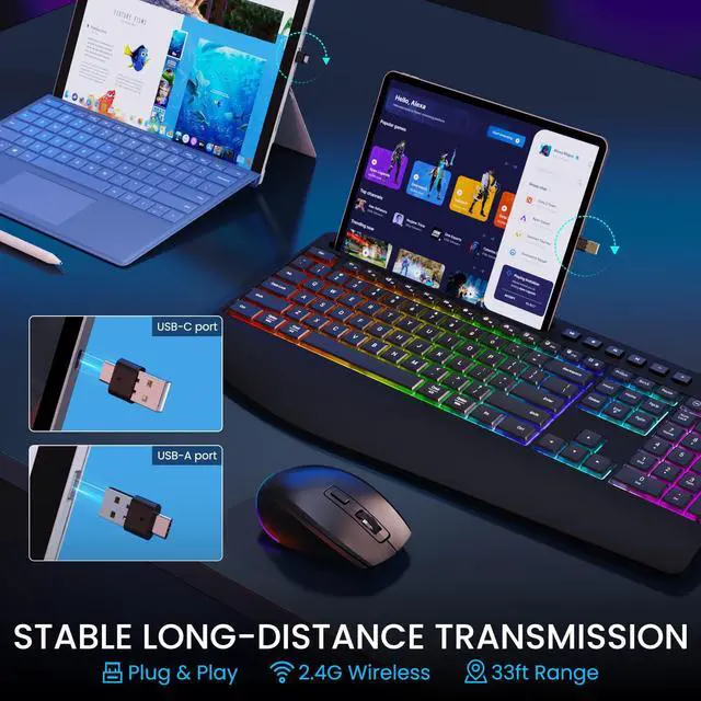 Alt view image 3 of 5 - Ergonomic Wireless Keyboard and Mouse Combo Full-Sized Silent Design with Phone Holder for Windows PC Laptop
