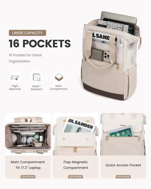 Alt view image 2 of 5 - LOVEVOOK 17.3 Inch Laptop Backpack for Women, Large Capacity Travel Backpack with Organizer Bag, Waterproof Carry on Backpack Purse Work Bag with USB Port for Teacher Nurse, Beige-Nude