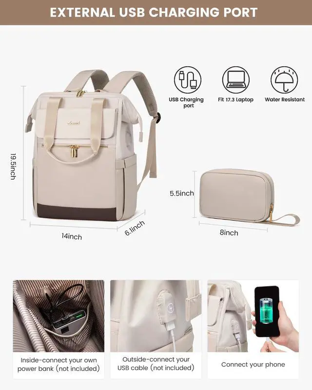 Alt view image 4 of 5 - LOVEVOOK 17.3 Inch Laptop Backpack for Women, Large Capacity Travel Backpack with Organizer Bag, Waterproof Carry on Backpack Purse Work Bag with USB Port for Teacher Nurse, Beige-Nude