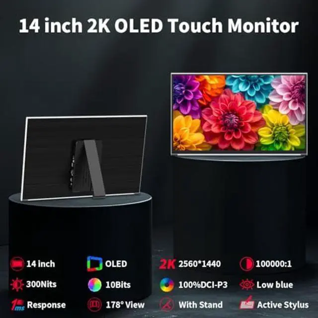 Alt view image 2 of 5 - OLED Portable Monitor 14" 2K | 2560x1440 Portable Touchscreen Display|100% DCI-P3 | 10 Bits | AES Stylus Pen Support|Ultra-Slim| Kickstand| 1Ms OLED Gaming Monitor