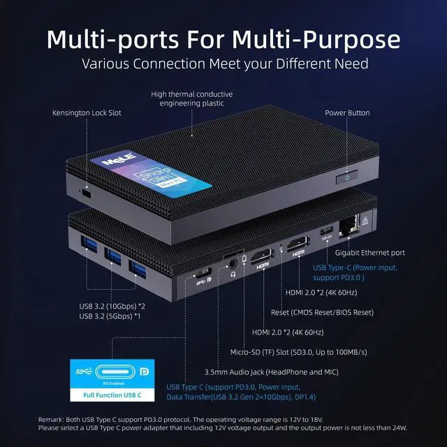 Alt view image 2 of 5 - MeLE Quieter3C Fanless Mini PC 16GB RAM 512GB Storage Slim Desktop PC Celeron N5105(up to 2.9GHz) Micro Computer USB-C Dual HDMI 4K, VESA Mount, 2.4G&5G WiFi, BT5.1 for Home/Office