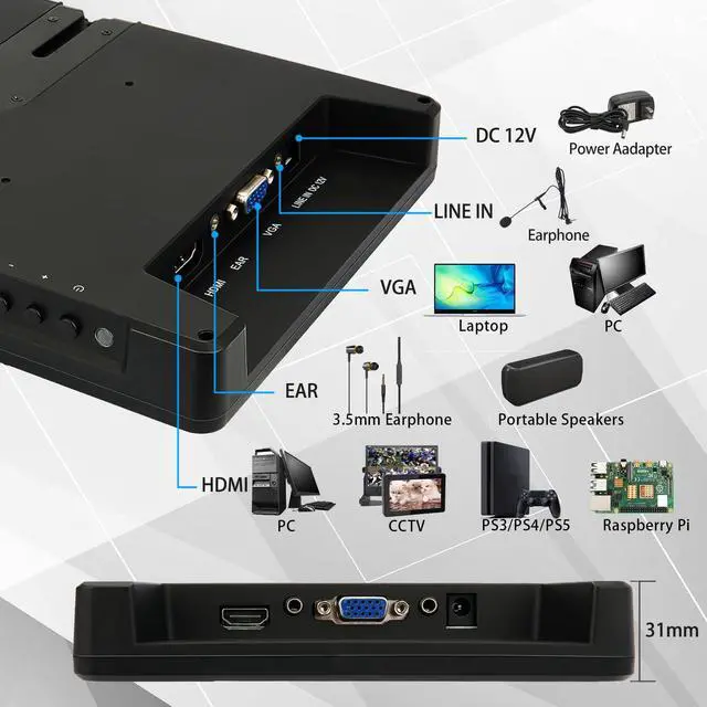 Alt view image 3 of 5 - MUNYEAH M1020 Portable Monitor 10.1 inch Full HD IPS 1920x1080 400Nits Monitor with HDMI, VGA for Windows 11/10/8/7 PS Xbox Compatible with Raspberry Pi 5/4/3 Build-in Speakers VESA Mount