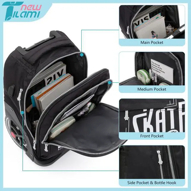 Alt view image 3 of 5 - NEW TILAMI Rolling Backpack 19 inch Teens Rolling Backpack Cute Wheeled Computer Laptop Backpack Bookbag Roller Travel Bag College, Skate Board