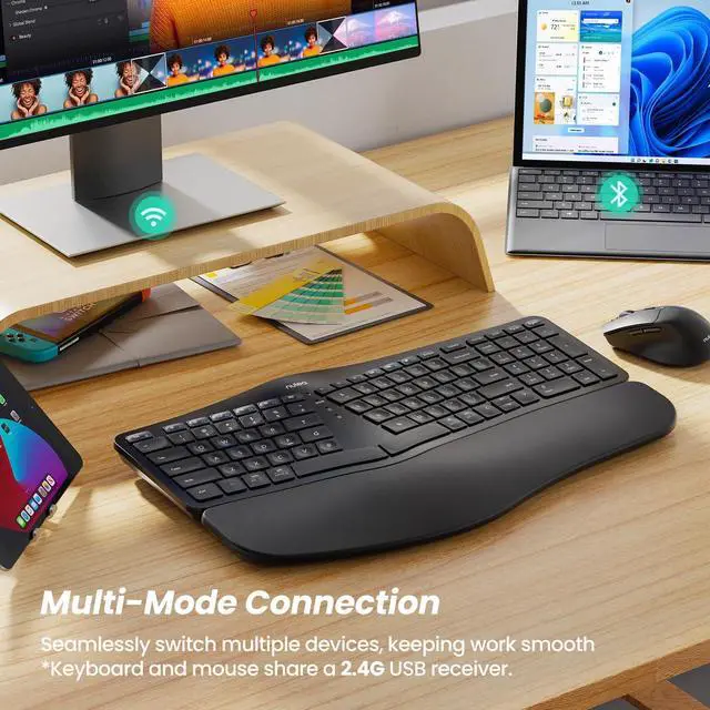 Alt view image 4 of 5 - Nulea KM75 Advanced Ergonomic Wireless Keyboard and Mouse Combo, Comfortable Natural Typing, Palm Rest, Multi-Device (Bluetooth, 2.4G, Wired), Rechargeable, for Multi-OS, Windows, Mac, Android(Black)