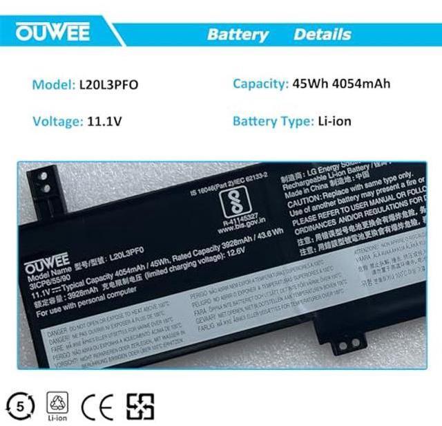Alt view image 2 of 5 - OUWEE L20L3PF0 Laptop Battery Compatible with Lenovo IdeaPad 3-14ITL6 3-15ITL6 3-17ITL6 S14 V14 V15 V17 G2-ITL G3-IAP K14 Series L20M3PF0 SB11B36274 5B11B36279 L20C3PF0 SB11B36277 5B11B36275 5B11B3628
