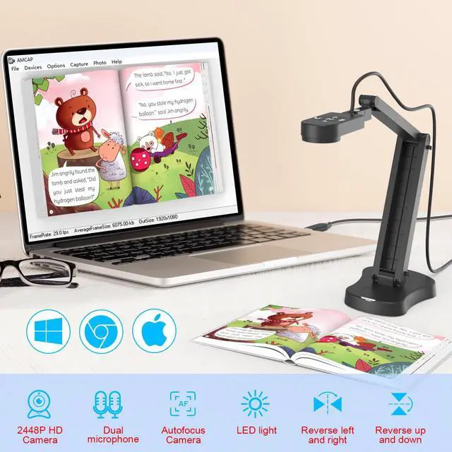 Alt view image 2 of 5 - PAKOTOO 8MP Document Camera, Doc Camera, USB Webcam for Teachers and Classroom, for A3 A4 Size, Built-in Mic, LED Light, Image Inverst, for Windows, Mac, Chromebook, Distance Teaching