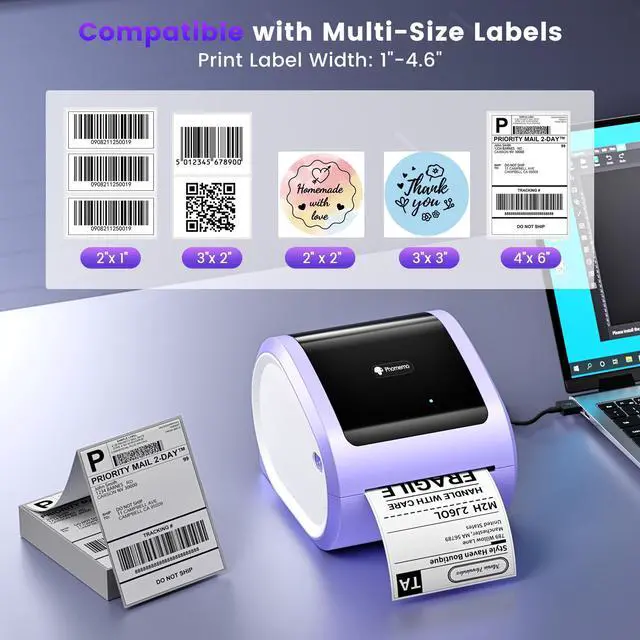 Alt view image 3 of 5 - Phomemo D520BT Bluetooth Thermal Label Printer, 4X6 Wireless Shipping Label Printer Build-in Holder, Thermal Label Maker for Shipping Package, Compatible with , USPS, Shopify, Ebay, Purple