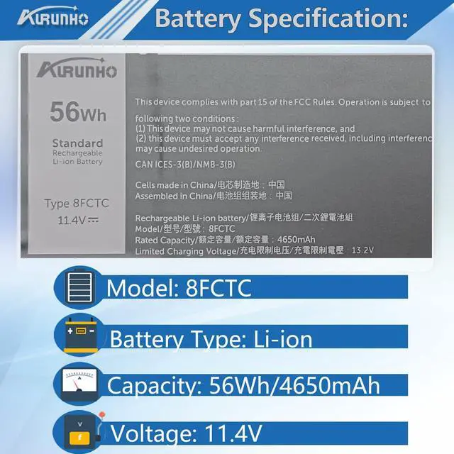 Alt view image 2 of 5 - AURUNHO 8FCTC 56Wh Battery Replacement for Dell Alienware M17 R4 2021 R3 2020 M16 R1 AMD M15 R7 AMD R6 R5 R4 R3 Series Precision 5570 5560 5550 5550 2020 Series XPS 15 9500 9510 9520 9530 Series 11.4V