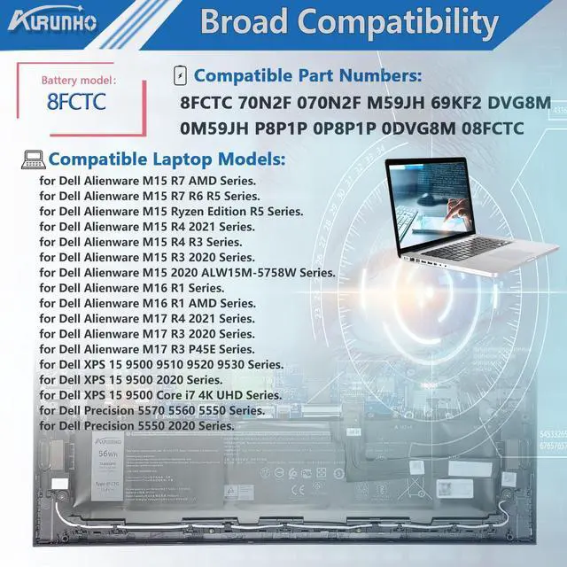 Alt view image 5 of 5 - AURUNHO 8FCTC 56Wh Battery Replacement for Dell Alienware M17 R4 2021 R3 2020 M16 R1 AMD M15 R7 AMD R6 R5 R4 R3 Series Precision 5570 5560 5550 5550 2020 Series XPS 15 9500 9510 9520 9530 Series 11.4V