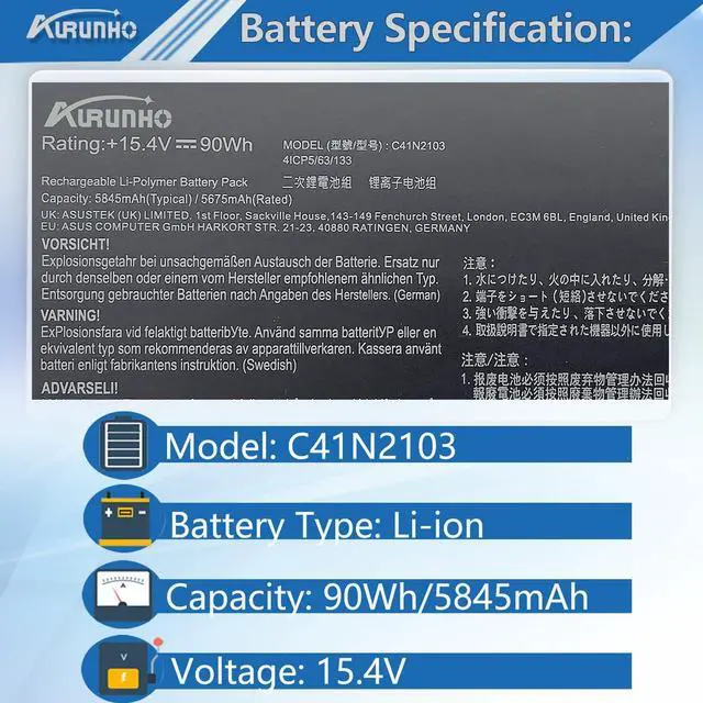 Alt view image 2 of 5 - AURUNHO C41N2103 90Wh Battery Replacement for Asus ROG Zephyrus Duo 16 GX650RX GX650PI GX650RW GX650RS GX650RM GX650PY GX650PZ GX650PV Series NR2202RW NR2202RM NR2202RS NR2202RX 15.4V