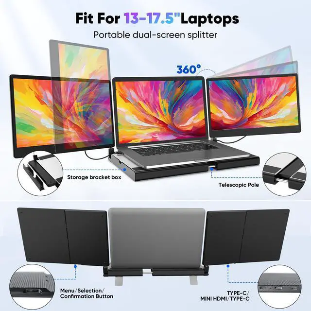 Alt view image 3 of 5 - Setclod 14" FHD 1080P Laptop Monitor Extender, Triple Screen, Portable, Compatible with Mac, Windows, Chrome