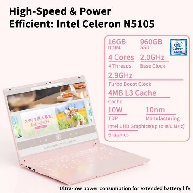 Alt view image 5 of 5 - BINHENGLON 14.1 Inch Portable Laptop,Celeron N5105 Processor,16GB,(2160 x 1440) IPS,Fingerprint Unlock,Win 11,Backlit keyboard, Push-pull camera,Type-C,USB3.0*3,HDMI*1,WiFi /BT 5.0(Pink,16G+960GB SSD)
