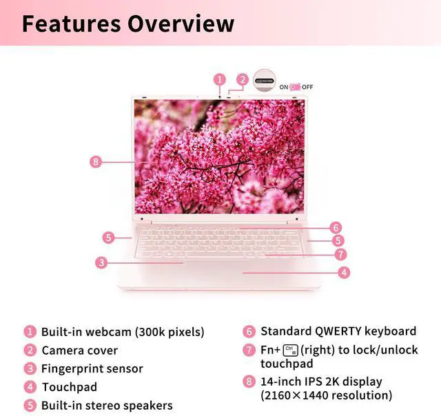 Alt view image 4 of 5 - BINHENGLON 14.1 Inch Portable Laptop,Celeron N5105 Processor,16GB,(2160 x 1440) IPS,Fingerprint Unlock,Win 11,Backlit keyboard, Push-pull camera,Type-C,USB3.0*3,HDMI*1,WiFi /BT 5.0(Pink,16G+960GB SSD)