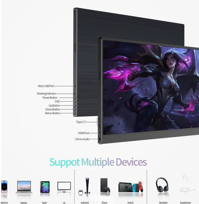 Alt view image 3 of 5 - StarXnDa 17.3''Portable Monitor 144hz, 2560 * 1440p IPS HDR Portable Computer Monitor 250cd/m² HDMI USB-C Port Speakers VESA Portable Gaming Monitor for Laptop PC Mac Switch PS5 Xbox