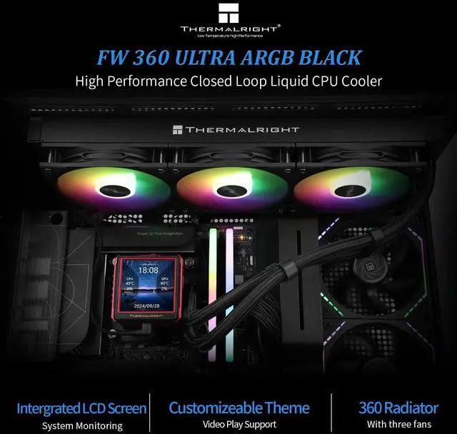 Alt view image 2 of 5 - Thermalrlght FW 360 Ultra ARGB Black CPU Water Cooler,3 PWM Fans Water Cooling System,IPS LCD Screen with 480x480 Resolution,for AM4/AM5&Intel LGA1700,CPU Liquid Cooler,2.44-inch Display
