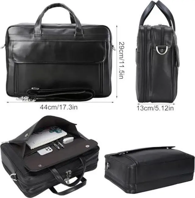 Alt view image 5 of 5 - TIDING Men's Black Leather Briefcase 17.3" Laptop Bag Business Travel Messenger Shoulder Bag