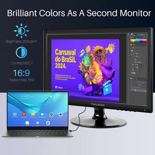 Alt view image 3 of 5 - Thinlerian 17.3 Inch Computer Monitor, HD 1600x900 Display, HDMI VGA Monitor, Build-in Speakers, 60Hz, 5Ms, VESA Mountable, PC Monitor, Black