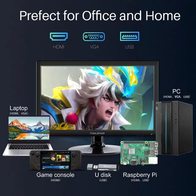Alt view image 5 of 5 - Thinlerian 17.3 Inch Computer Monitor, HD 1600x900 Display, HDMI VGA Monitor, Build-in Speakers, 60Hz, 5Ms, VESA Mountable, PC Monitor, Black