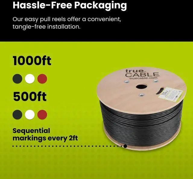 Alt view image 5 of 5 - trueCABLE Cat6 Direct Burial, 1000ft, Waterproof, Outdoor Rated CMX, Black, 23AWG Solid Bare Copper, 550MHz, PoE++ (4PPoE), ETL Listed, Unshielded UTP, Bulk Ethernet Cable